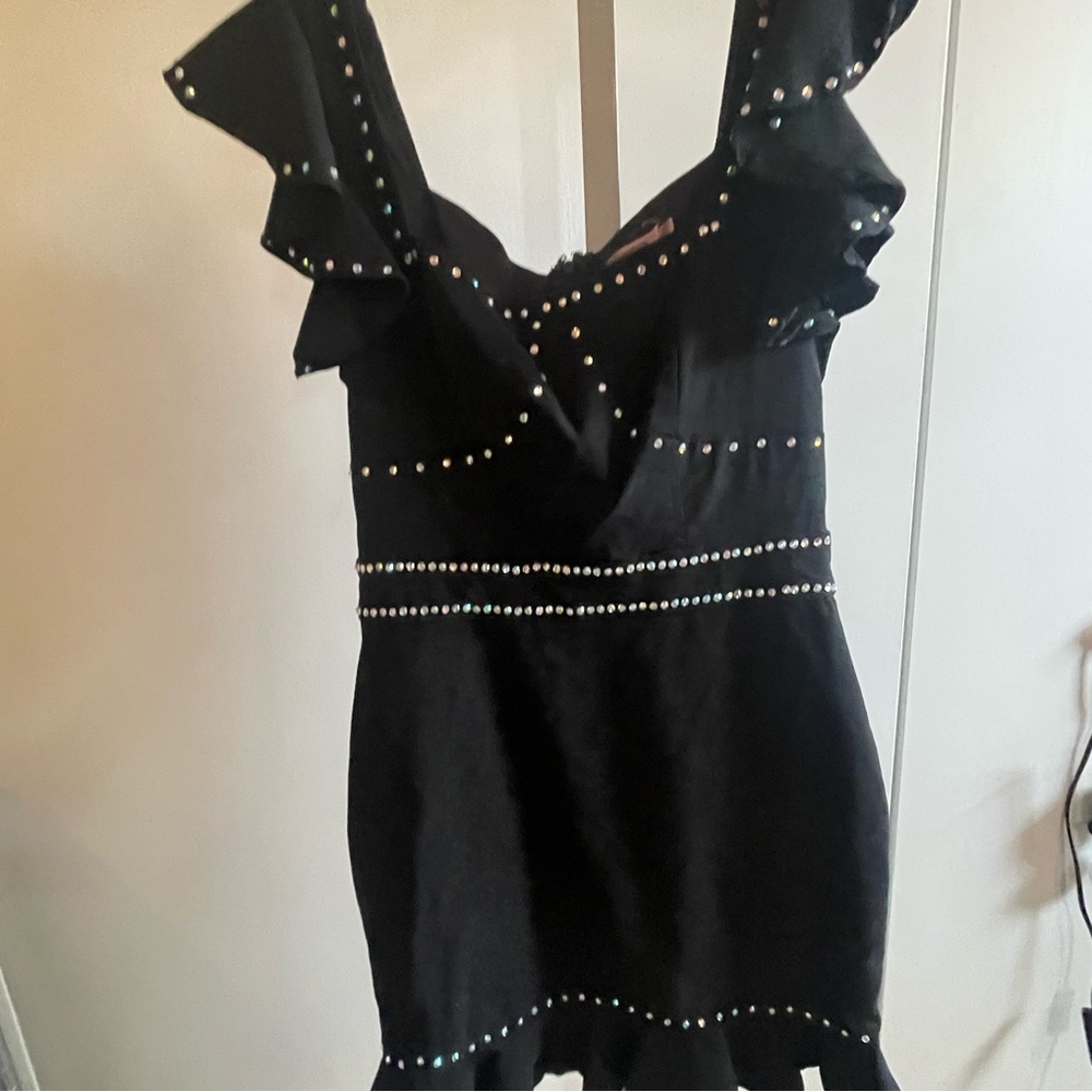 Sparkly Black Dress with Rhinestone border Ruffle hem and straps Women's XS LBD